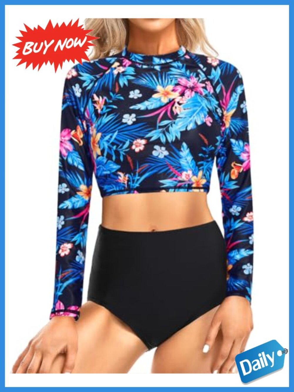 Rash Guard 2 Piece Long Sleeve Swimsuit Crop Top High Waisted Set UPF 50+